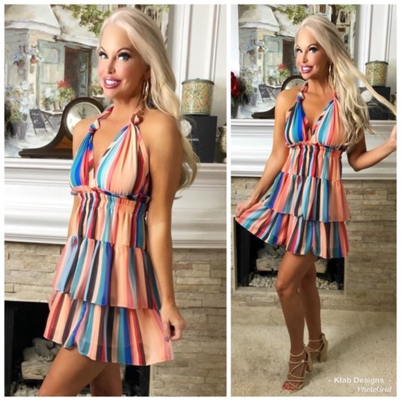 Multi Stripe Tiered Ruffle Halter Dress - Picture 4 of 7
